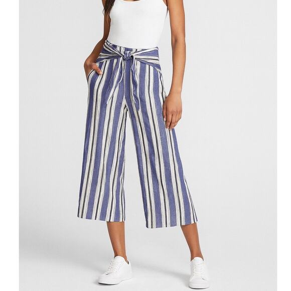 Express Striped Tie Front Wide Leg Cropped Culottes Pants - Picture 1 of 7